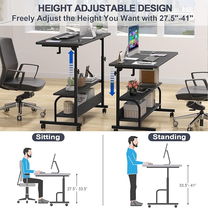 Armocity Rolling Standing Desk with Power Outlets 39 Manual Height Adjustable Mobile Computer Desk with Wheels Small Portable Sit Stand Laptop Couch Table for Bed &amp Sofa Home Office Black