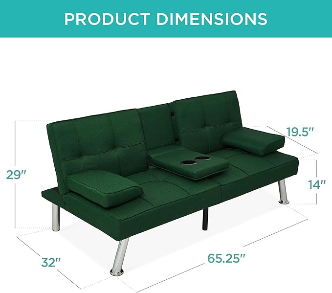 Best Choice Products Linen Modern Folding Futon Reclining Sofa Bed for Apartment Dorm w/Removable Armrests 2 Cupholders - Dark Green