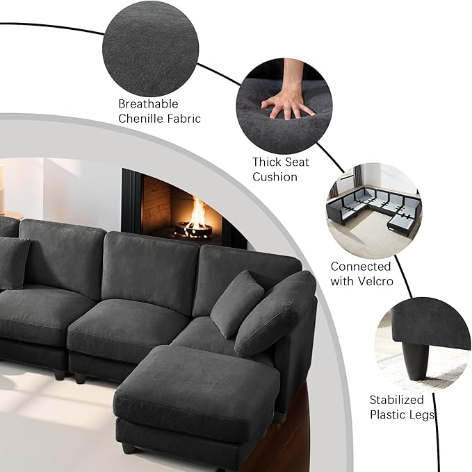 121'' 7-Seater Modular Sectional Upholstered Couches Chenille Cloud Couch with Movable OttomanL/U-Shape Modern Sofa for Living RoomBlack