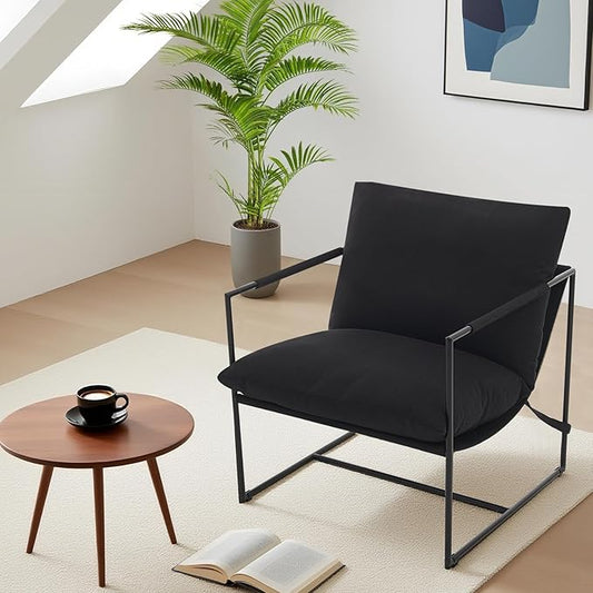 IDEALHOUSE Modern Accent Chair Armchair with Metal Frame for Living Room Upholstered Comfy Lounge Chair Cozy Accent Chairs with Soft Cushion for Bedroom Balcony Lounge Reading Room Black
