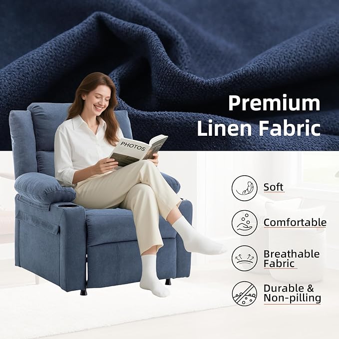 Power Recliner Chair Upholstered Recliner Heating Vibration Massage with Side Pockets Side Table &amp 2 Cup Holders for Living Room &amp Home Theater (Navy)
