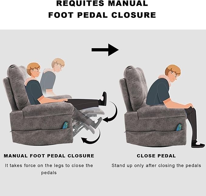 Rocker Recliner Chair for Adults Soft Lazy Boy Recliner Chair with Heat&amp Adjustable Backrest Footrest Oversized Massage Recliner Chair with Swivel and Side Pocket for Living Room Bedroom (Grey)