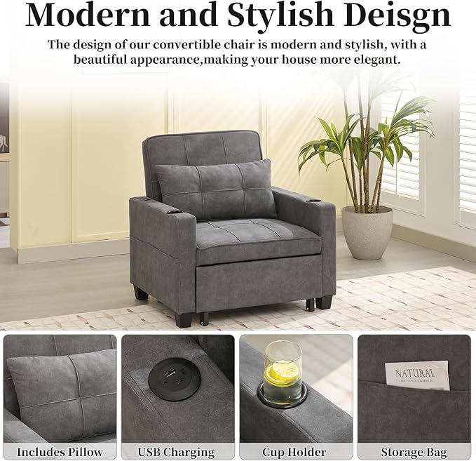 Sleeper Chair Bed Convertible Chair Bed Pull Out Chair Beds with USB Charging &amp Cupholders Adjustable Backrest Leather Futon Chair Bed for Living Room Bedroom (Dark Grey(Cloth))