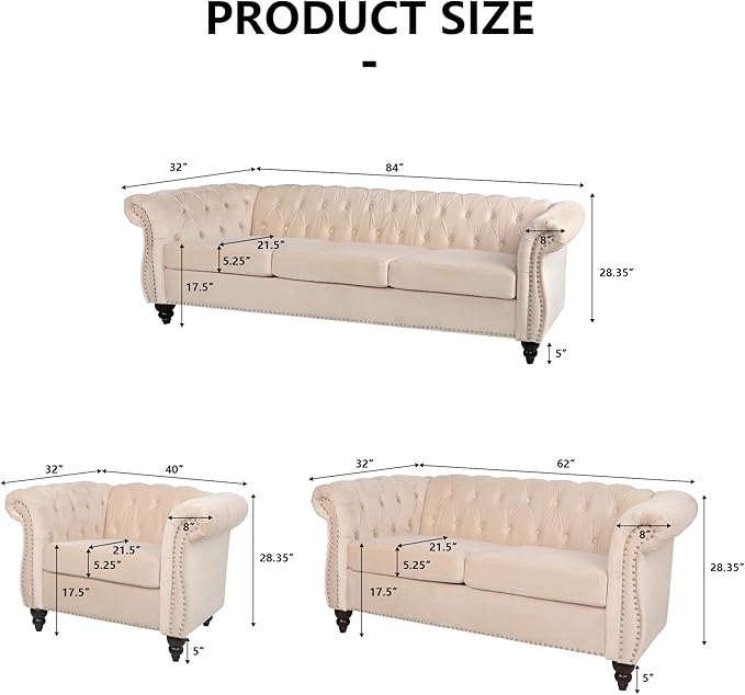 AVZEAR Chesterfield Loveseat Modern Velvet Sofa Tufted Couch 2 Seater with Scroll Arms and Nailhead for Living Room Bedroom Office Apartment Beige