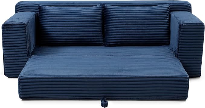73 Convertible Sofa Bed Pull Out Loveseat Sleeper Sofa with Side Pockets 2 in 1 Folding Couch Bed Fold Out Floor Couch Lounge Sofa with 2 Pillows for Living Room Apartment (Blue)