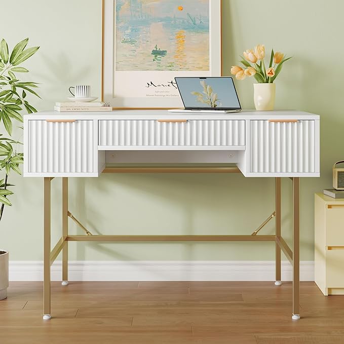 Bestier 47.6 Inch Fluted Computer Writing Desk with Drawers for Home Office White and Gold Vanity Desk Modern Simple Makeup Desk for Bedroom