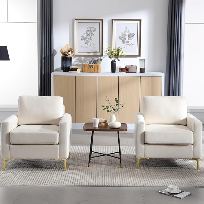 Velvet Accent Chairs Set of 2 Mid Century Modern Side Sofa Chair Comfy Upholstered Arm Chairs Living Room Set Furniture Bedroom Waiting Room Office with Gold Legs (Beige)