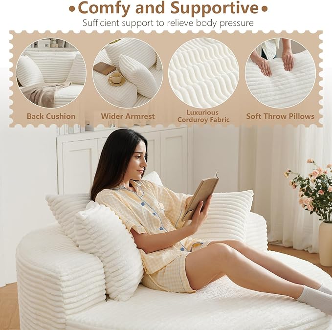 Oversized Round Chair Lounge Chaise Indoor Upholstered Corduroy Deep Seat Cloud Large Circle Sofa Chair No Assembly Required Fluffy Modern Sleeper Sofa Bed for Reading Living Room Bedroom White