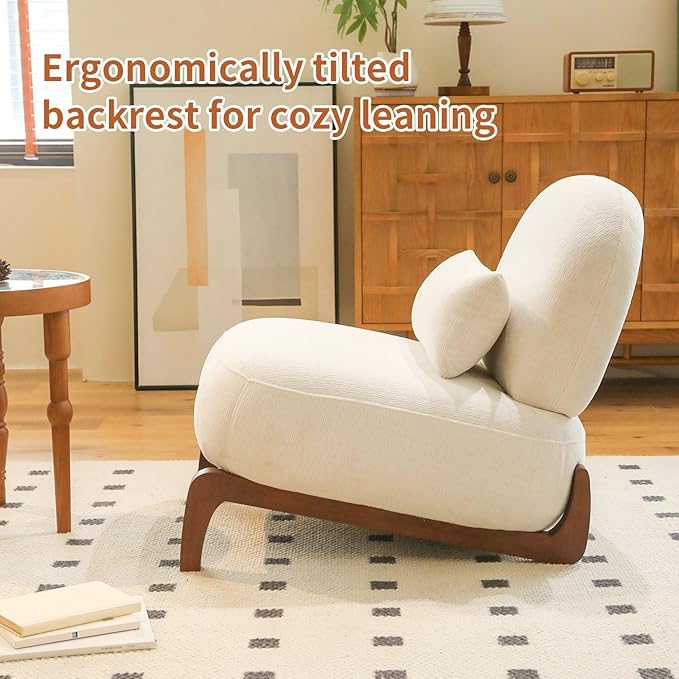 HAZO Cute Accent Chair with Solid Wood Legs Velvet Living Room Chair with Soft Cushion Cozy Bedroom Chair Comfy Armless Reading Chair for Apartment Waiting Room Balcony (White)