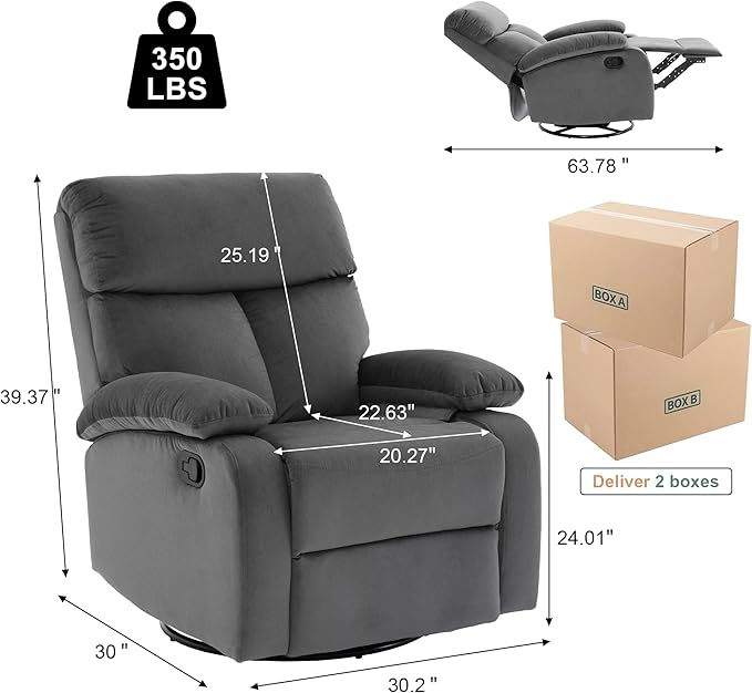 Swivel Rocker Recliner Rocking Small Reclines for Small Spaces Velvet Single Recliner Chair Sofa for Living Room Nursery Bedroom Dark Grey