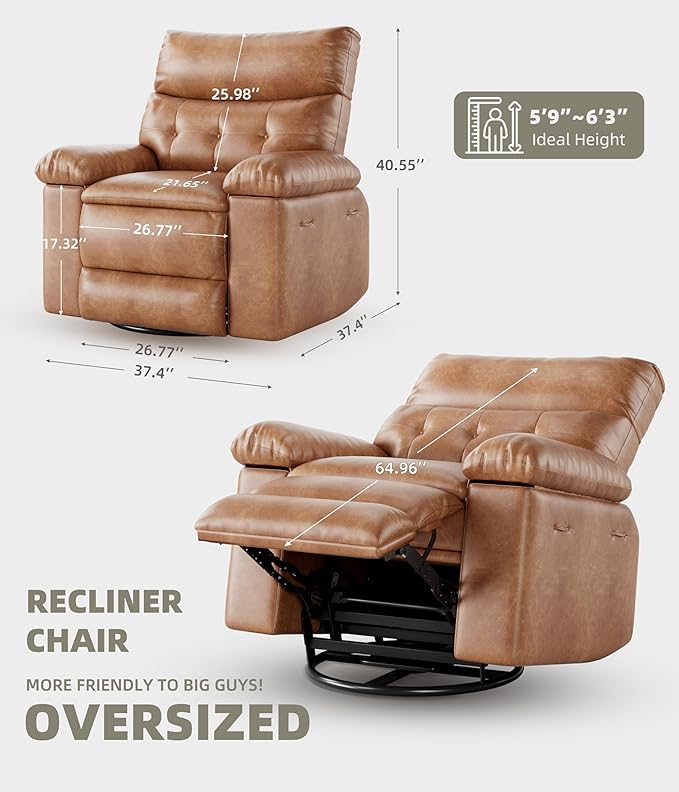 OUTLANE Oversized Recliner Chair Big and Tall Massage Recliner with Heating Extra Wide PU Leather Manual Recliners 400LBS Capacity with Plush 1.5X Padding Lazy Chair for Living Room - Cognac