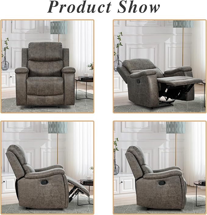 EBELLO Grey Recliner Chair Single Overstuffed Sofa Recliners Breathable Faux Leather Manual Reclining Chairs with Hidden Cup Holder Arm and Back for Adults Living Room Bedroom Grey