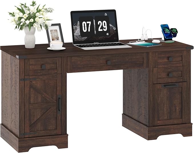 58'' Farmhouse Home Office Desk with Drawers Wooden Executive Desk with Charging Station File Drawers and Storage Cabinet Computer Desk for Work Study and Writing Brown