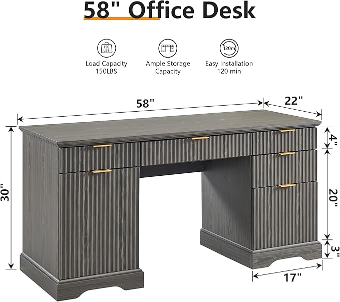 JXQTLINGMU Modern Executive Desk with Storage Wood Home Office Desk with Drawer &amp Cabinet Fluted Computer Writing Desk for Study Living Room Bedroom
