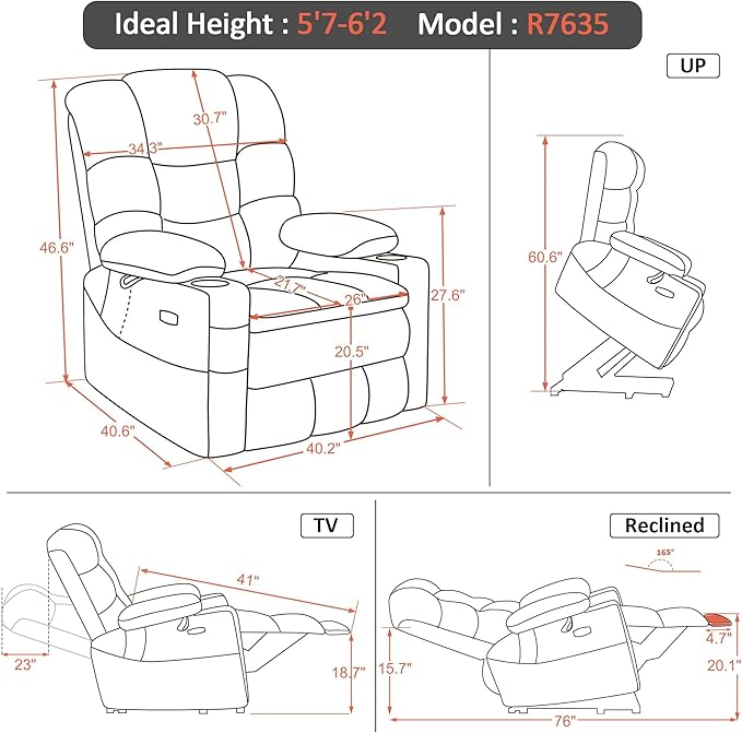 MCombo Oversized Triple Motor Power Lift Recliner Chair with Massage and Dual Heating Adjustable Headrest for Big and Tall Elderly People Fabric R7635 (Beige Large-Oversize)