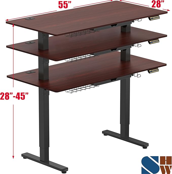 SHW 55 x 28 Inches Electric Height Adjustable Standing Desk with Drawer and Memory Preset Cherry