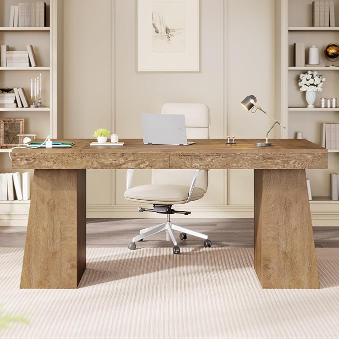 55.9 in Executive Desk with Power Outlets Modern Home Office Desk with Storage Cabinet Wood Computer Desk Business Workstation Desk Conference Table Oak (Storage Cabinet)