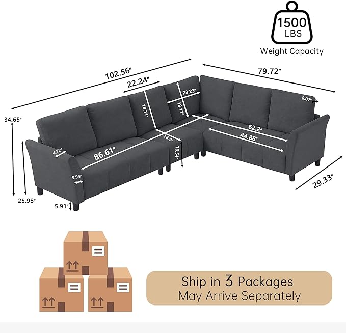 102 Convertible Sectional Sofa Couch L Shaped Couch with Back Cushions Modern Upholstered 6-Seat Reversible Sofa Set for Living Room Apartment Office Dark Grey