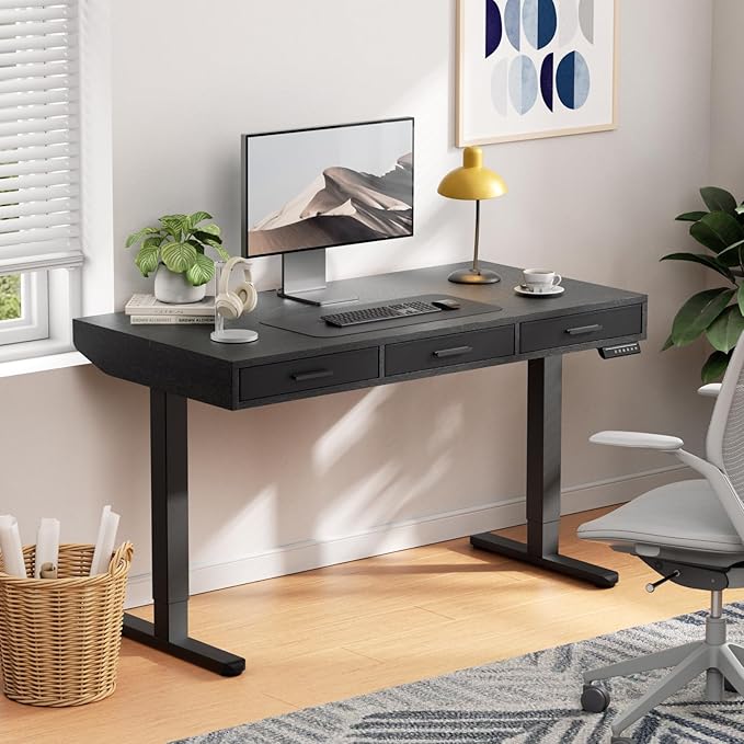 HUANUO Electric Standing Desk with Drawers C-Clamp Mount Compatible 55 x 28 Inch Height Adjustable Sit Stand Desk Fabric Drawers Home Office Stand Up Desk with 4 Custom Height Settings Black
