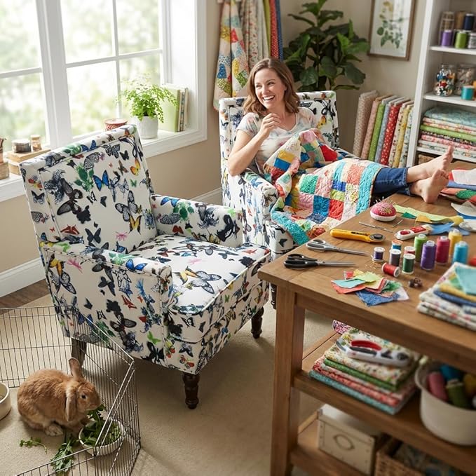 Butterfly Accent Chair Floral Print Armchair for Living Room Bedroom Cute Upholstered Reading Chair for Small Space Cotton Fabric with Solid Rubberwood Legs（Butterfly）
