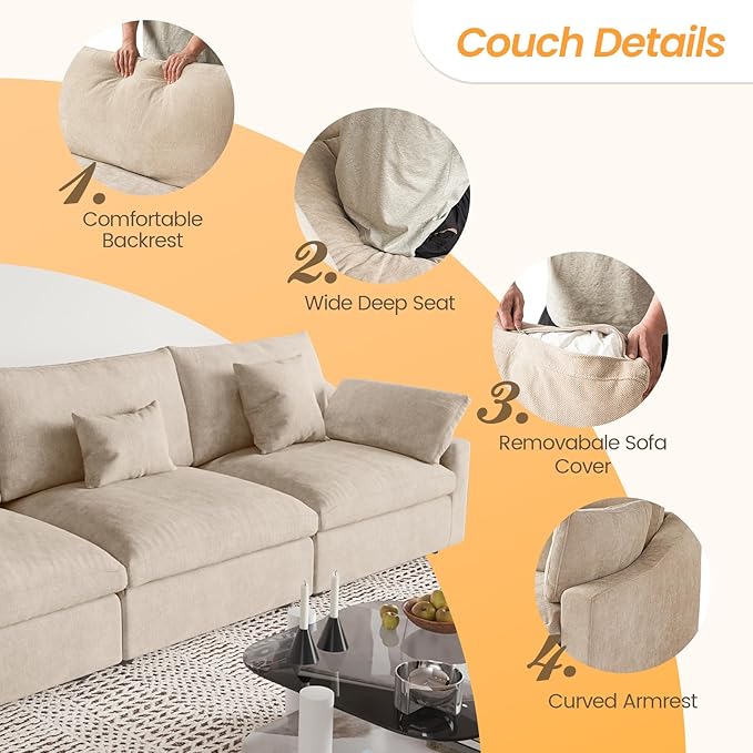 JACH Sectional Couches for Living Room 3 Seater Cloud Sectional Couch with Deep Seat Down Filled Modular Sofa Covers Removable &amp Washable Sofas Furniture for Living Room Khaki