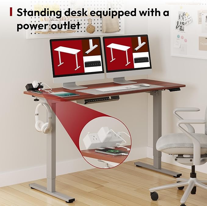 SANODESK Electric Standing Desk with Desk Clamp Power Strip 55x 28 Whole-Piece Desktop Height Adjustable Stand Up Desk with Cable Management Sit Stand Home Office Desk Silver Frame/Mahogany Top