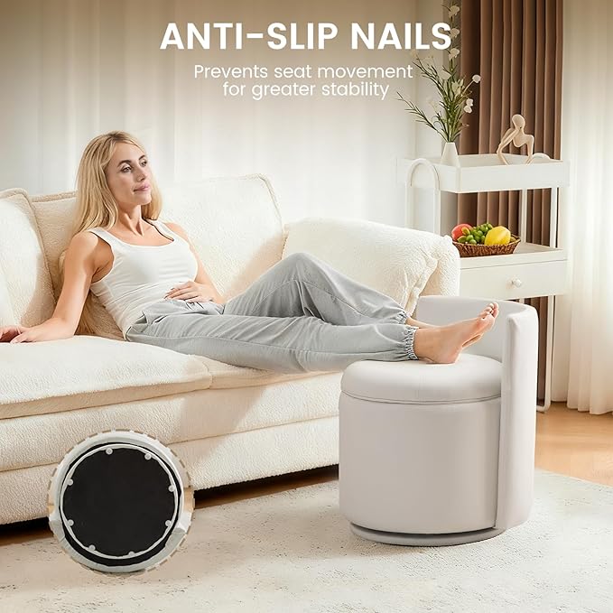 360° Swivel Vanity Chair with Storage PU Leather Round Storage Ottoman with Pillows No Assembly Modern Comfy Makeup Stool for Bedroom Dressing Living Room (White)