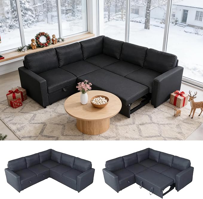 Sectional Sleeper Sofa with Pull Out Bed L Shaped Pull Out Couch with Storage Chaise 5 Seats Convertible Couch Bed for Apartment Living Room Dark Gray