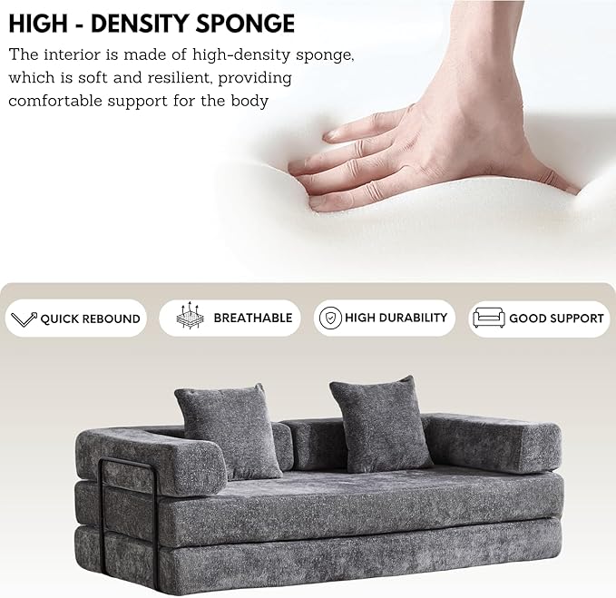 Alpen Futon Sofa Bed 4-in-1 Floor Foldable Sofa Couch Bed Queen with L-Shaped Armrests Convertible Folding Chair Bed Sleeper Mattress Sofa in A Box for Living Room Bedroom Dark Grey