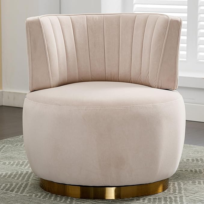 Small Barrel Chair Swivel Barrel Chair with Thicken Backrest Round Accent Chair for Living Room Bedroom Office Comfortable Velvet Fabric Soft High-Density Foam Padding (Beige)