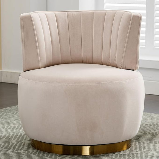 Small Barrel Chair Swivel Barrel Chair with Thicken Backrest Round Accent Chair for Living Room Bedroom Office Comfortable Velvet Fabric Soft High-Density Foam Padding (Beige)