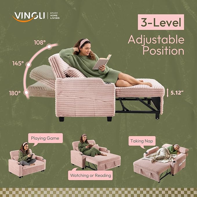 VINGLI Pink Futon Sofa Bed Convertible Loveseat Sleeper Sofa Couch Corduroy Pullout Sofa Fold Out Couch Bed with USB Ports Cup Holders Armrest for Living Room Bedroom Apartment Room | Loveseat Sle