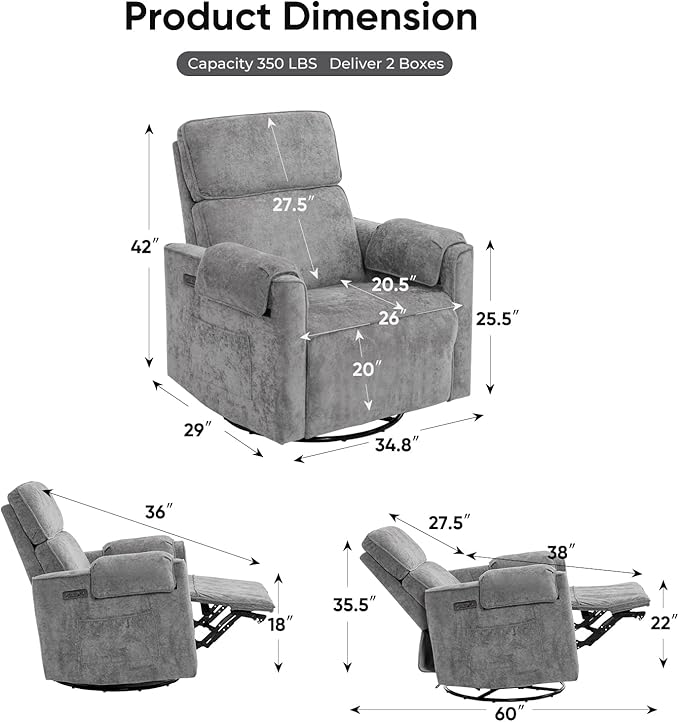 Oversized Power Recliner Chair 26 Extra Wide Swivel Rocker Recliner with Adjustable Headrest Chenille Glider Rocking Nursery Chair with Overstuffed Armrest USB Ports Grey