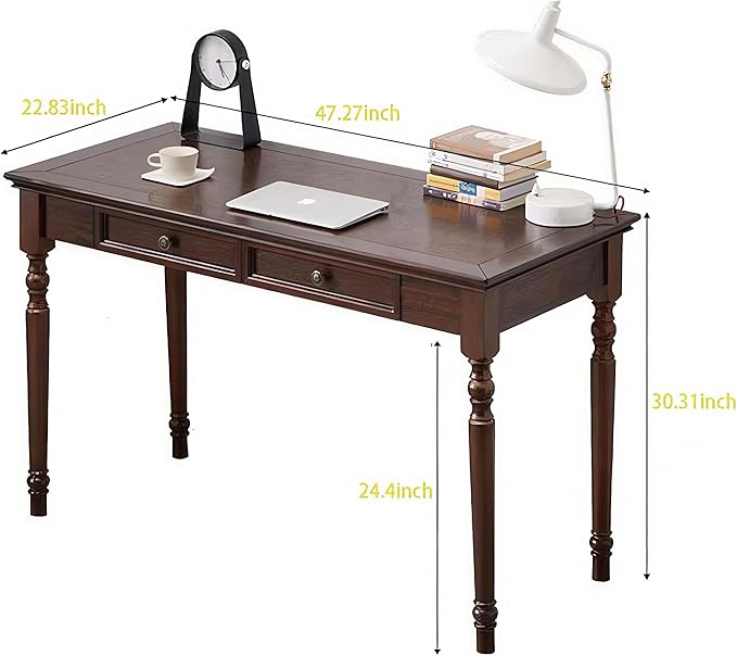 47” Walnut Solid Wood Writing Desk with Drawers Farmhouse Computer Desk with File Storage Ideal for Home Office Bedroom or Study Room