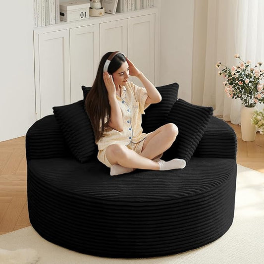 55'' Oversized Round Chair Lounge Chaise Indoor Cloud Boneless Large Circle Chair with Plush Corduroy No Assembly Required Fluffy Modern Sleeper Sofa Bed for Reading Living Room Bedroom(Black)