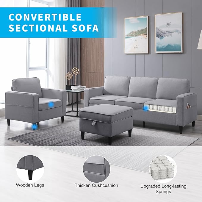 PUREMIND 2 Piece Living Room Sofa Set Modern L Shaped Sectional Sofa and Chair Sets Linen 3 Seater Couch with Storage Ottoman + Single Chair Furniture Couch Sets for Living Room Apartment