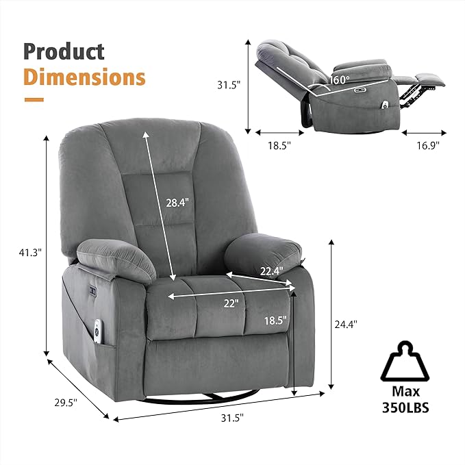 Power Swivel Rocker Recliner with Massage and Heat USB and Type-C Port Infinite Position Electric Glider Rocking Chairs Living Room Soft Fabric Reclining Sofa Chair (Velvet Grey)