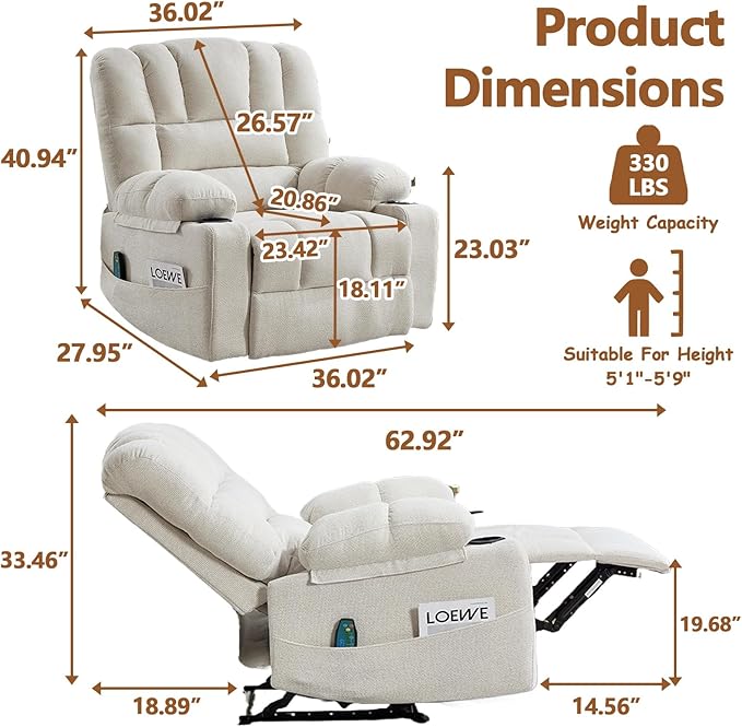 Massage Recliner Chair with Heat Beige Recliner Chair with Cup Holder for Adults Manual Reclining Chairs Large &amp Oversized Recliners for Living Room Fabric Heavy Duty (Beige)