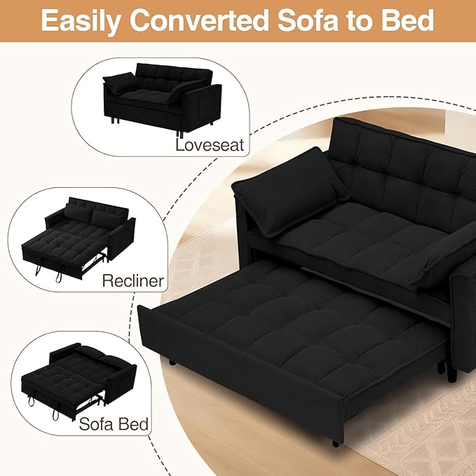 3 In 1 Corduroy Convertible Sofa BedPull Out Couch Bed with Reclining Backrest And 2 Pillows 54 Full Size Loveseat Sleeper Sofa Futon Couch Bed Couches For Small Spaces Living Room (Black ①)