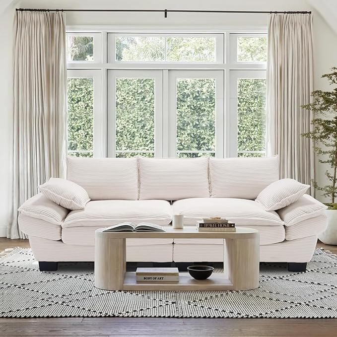 90 Oversized Loveseat Sofa Modern Corduroy Loveseat Couch Comfy Deep Seat Upholstered Sectional Sofa with Pillows for Living Room Bedroom Apartment (Beige)