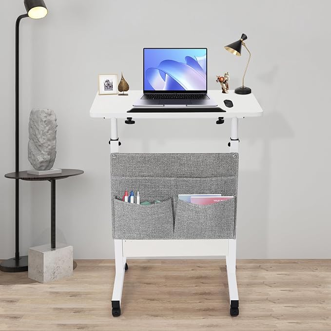 Movable Standing Desk Adjustable Height&ampAngle Rolling Computer Stand Laptop Podium Desk Lectern Portable Tilting Top Mobile Standing Lifting Desk for Office Classroom School (White w/ Storage B