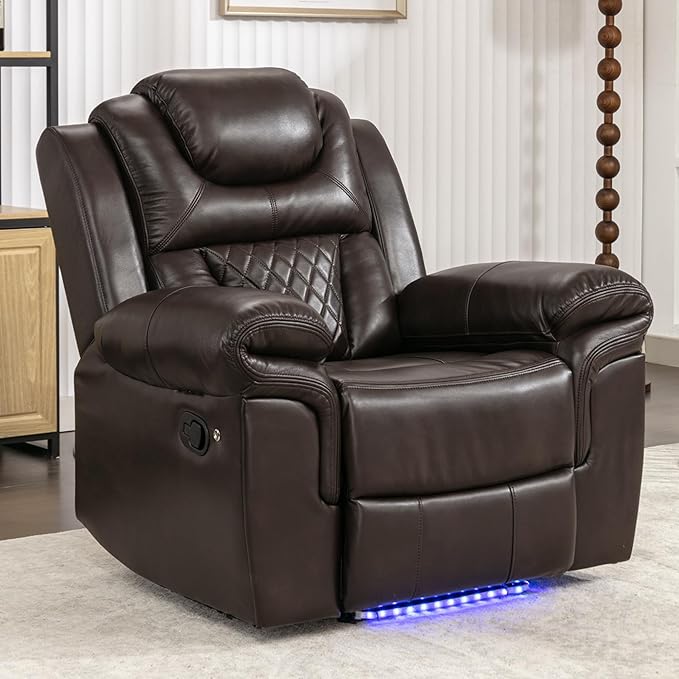 Leather Recliner Chair with Adjustable Backrest Modern Home Theater Seating with LED Light Strip for Living Room Bedroom Home TheaterRV(Brown)