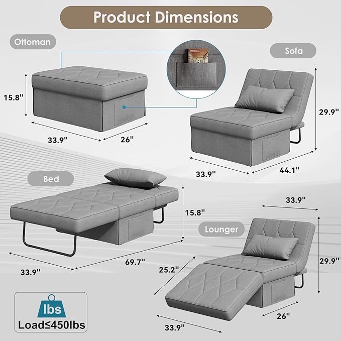 Convertible Sofa Bed with 5-Level Adjustable Backrest 70 D x 34 W 4-in-1 Folding Ottoman Sleeper Chair Bed Modern Single Futon Couch for Living Room Apartment Dorm Small Space Light Grey