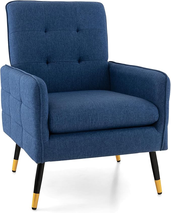 Giantex Modern Mid-Century Accent Chair - Upholstered Armchair with Tufted Back Metal Legs Adjustable Foot Pads Linen Fabric Single Sofa Chair for Reading Living Room Chair for Bedroom Blue
