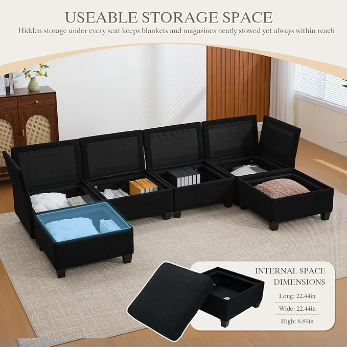 113.39 Modular Sectional Sofa 6 Seaters Sectional Sleeper Sofa U Shaped Couch Comfy Convertible Couches with Ottomans Oversized Modular Sofa with Large Storage for Living Room (Black)