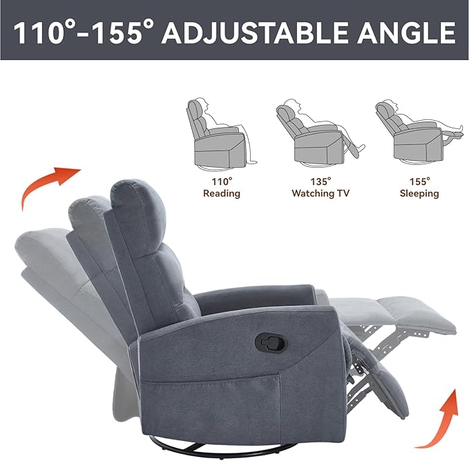 Swivel Rocking Recliner Chair Upholstered Glider Rocker with Adjustable Backrest and Footrest Modern Rocking Chair for Adults with 2 Pockets for Nursery Lounge Bedroom Living Room (Grey)
