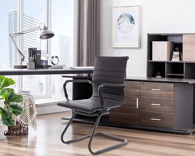 CIMOTA Waiting Room Chairs Leather Office Guest Chair Mid Back Reception Chairs with Sled Base for Meeting/Patient/Conference Room Retro Black Set of 6