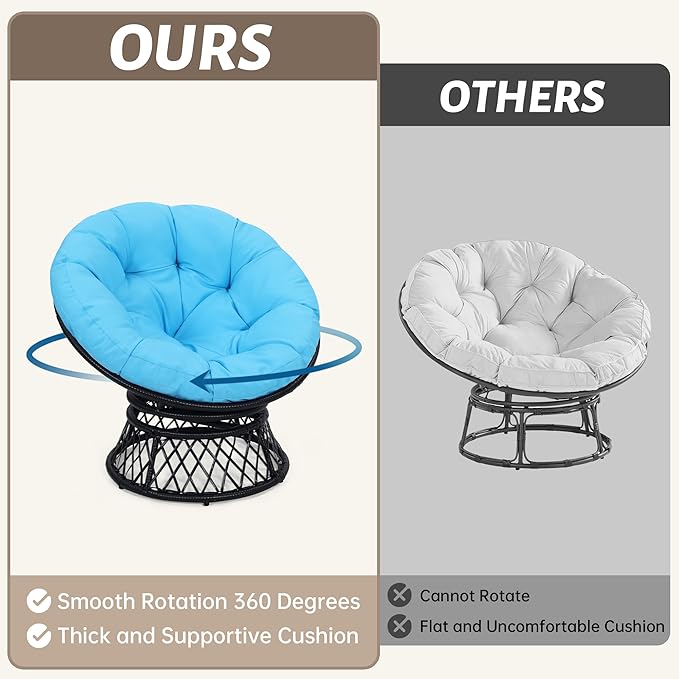 40 Papasan Chair Ergonomic Wicker 360° Swivel Indoor Outdoor Rattan Chair with Soft Thick Cushion Ideal for Living Room Bedroom Reading Room Black Frame with Blue Cushion