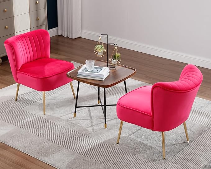 KCC Modern Velvet Upholstered Accent Chair Set of 4Mid Century Living Room Chairs with Golden LegsComfy Armless Chair Wingback Single Sofa Side Chair for BedroomHot Pink