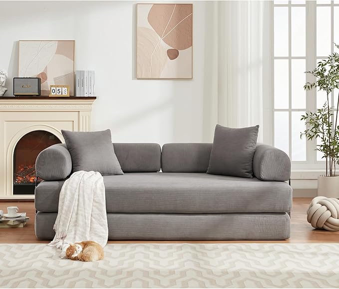 Convertible Folding Sofa Bed Modular Floor Sofa with Removable Backrest Corduroy Folding Mattress Couch with Fixed-Shape Frame for Living Room Bedroom Lounge (Grey)